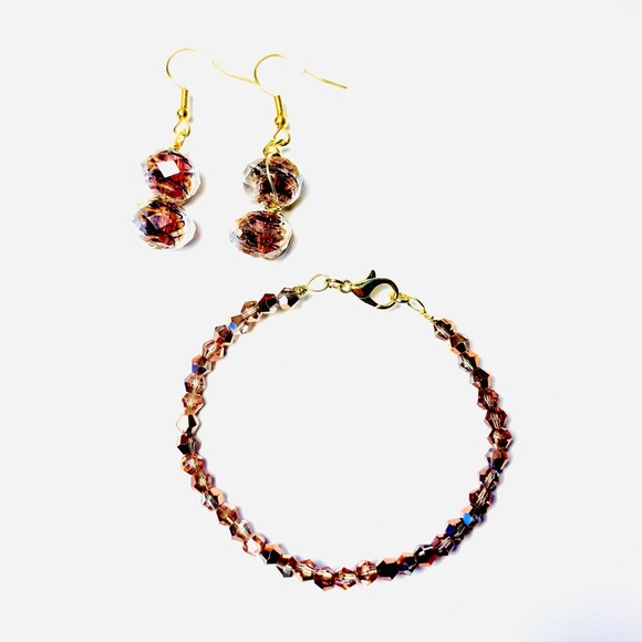 Hand Crafted Jewelry - Beaded Faceted Crystal Glass Bronze Earrings & Bracelet.